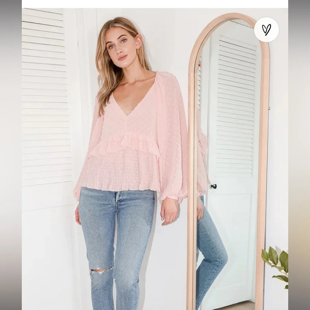Lulu’s Thrills and Frills Blush Pink Swiss Dot Ruffled Long Sleeve Blouse XS